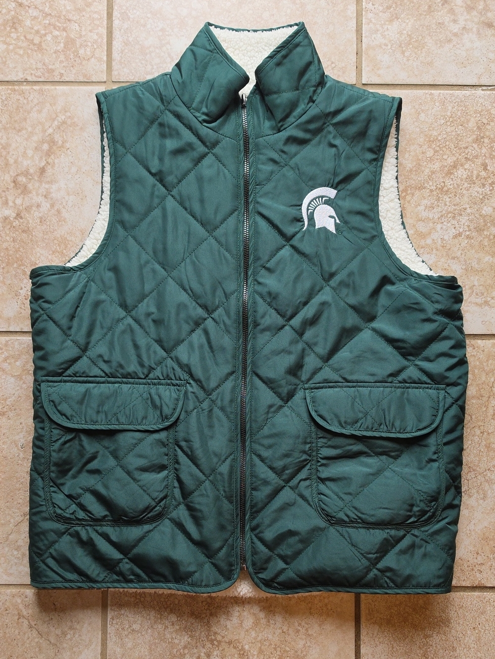 Green Quilted Vest with MSU Spartan Logo